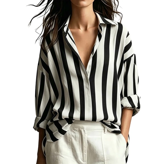 Tbopshirt Womens Blouses Tops for Women Casual Striped Button Down Loose-fitting LongSleeved Button-up Blouse Shirt
