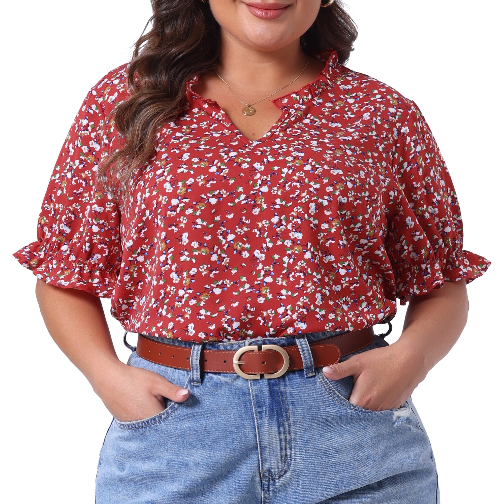 DARING DIVA Women's Plus Summer Tops Floral V Neck Ruffle Puff  Casual Blouse Top L Red