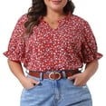 thumbnail image 2 of DARING DIVA Women's Plus Floral V Neck Ruffle Puff Short Sleeve Blouse 1X Red, 2 of 6