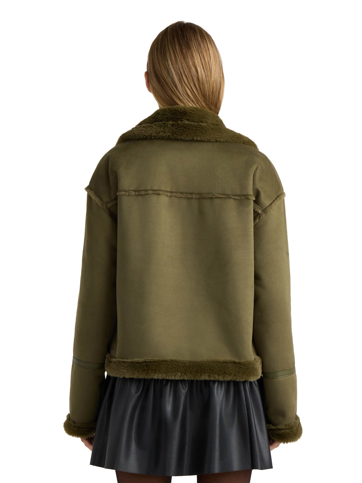 NOVELTI Womens Faux Shearling Short Zip Up Biker Jacket