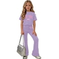 thumbnail image 6 of Amidoa Girls Summer 2 Piece Outfits Kids Print Short Sleeve and Pants Casual Clothing Sets Purple Size 5T, 6 of 7