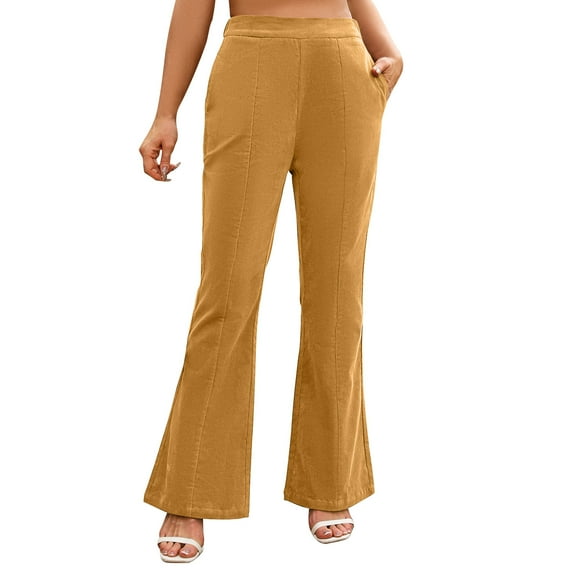 Lenpel Women's Flare Work Pants High Waisted Wide Leg Bell Bottom Dress Pants Bootcut Business Casual Trousers with Pockets(Yellow,X-Small)