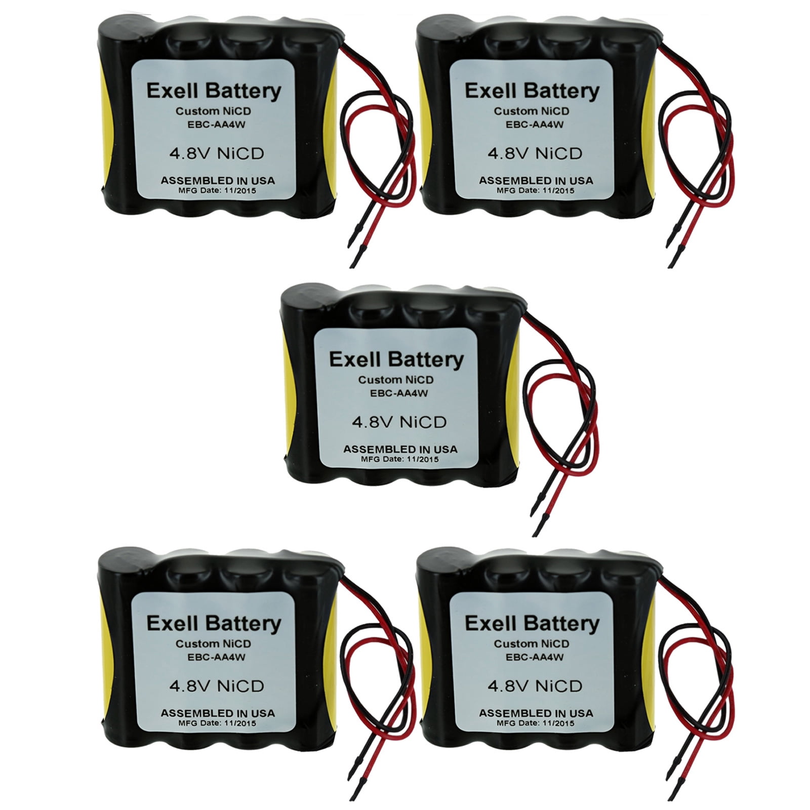 5pc Exell 4.8V Custom NiCd 1000mAh Battery Pack w/ 5' AWG Bare Wire Leads