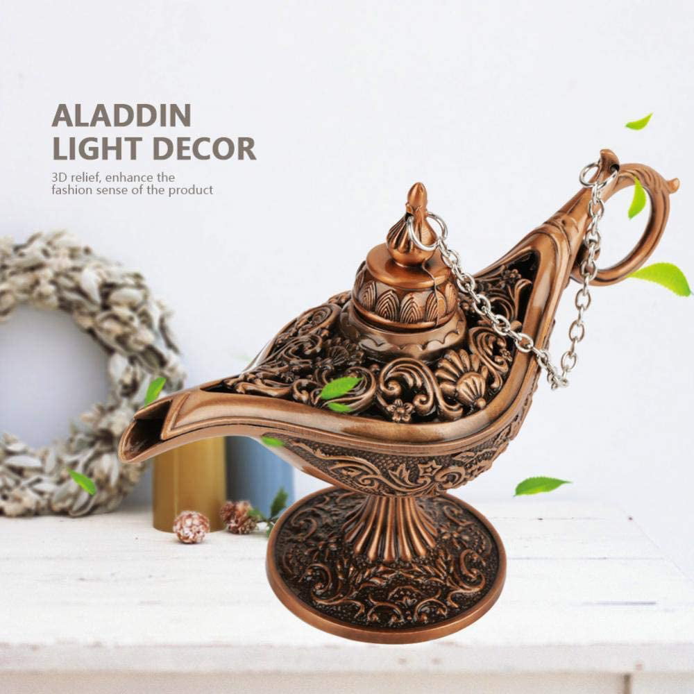 Anti-Scratch Classic Vintage Magic Genie Costume Lamp Metal Carved Legend Wishing Oil Lamp Tea Pot with 3D Relief Home Table Decoration 