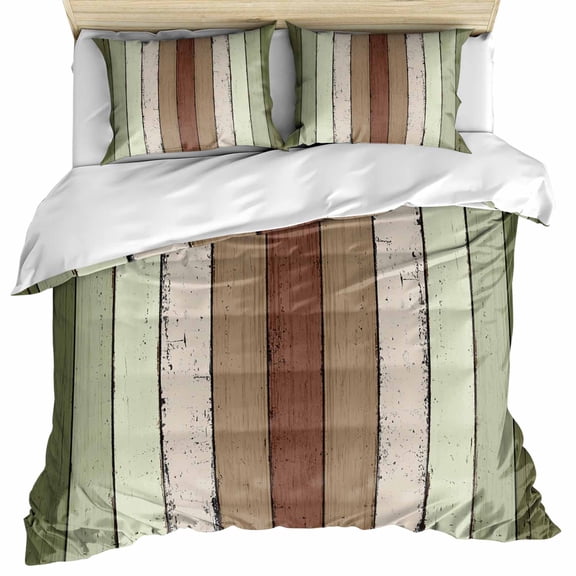Sage Green Bedding 3 Piece Duvet Cover Set Queen Size, Farmhouse Wood Grain Vintage Brown Striped Soft Microfiber Comforter Cover with Zipper Closure & Pillowcases, FadeResistant Quilt Cover