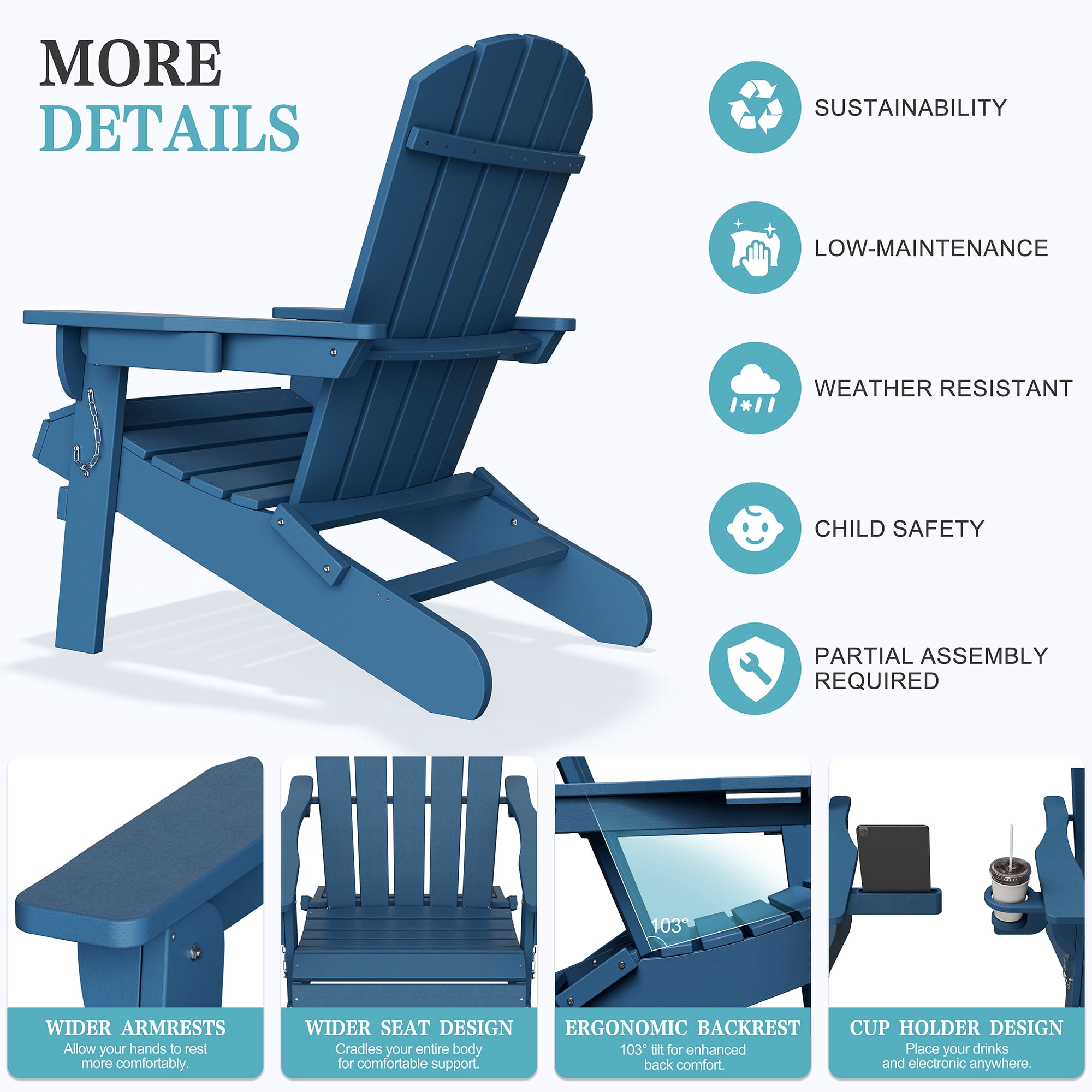 Walsunny Folding HDPE Adirondack Chair Set of 4,All-Weather Outdoor Fir Pit Chairs with Cup and Phone Holder for Outdoor Patio Garden Backyard,Blue