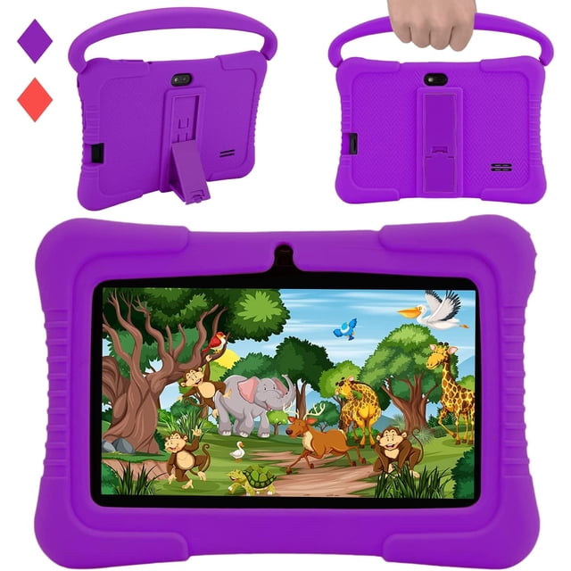 Veidoo Tableta Android para Niños de 7 Pulgadas, Almacenamiento RAM de 2 GB y 32 GB, Tableta de Aprendizaje para Niños, Parental, Tableta para Niños Pequeños con Funda de Silicona (Púrpura)