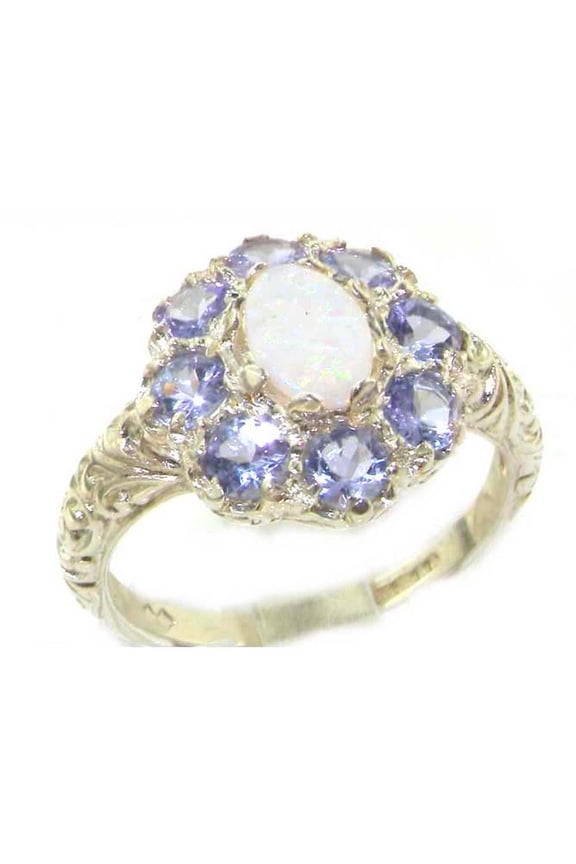 LBG British Made 14k White Gold Natural Opal & Tanzanite Womens Promise Ring - 33 size options - Size 7.75