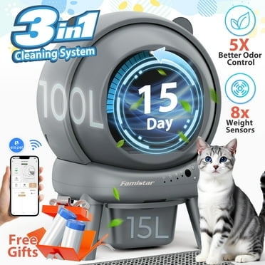 Self Cleaning Litter Box, 100 L 15L Automatic Cat Litter Box Self Cleaning for Multiple Cats, with Safety Protection, App Control,2 Roll Garbage Bags Cat litter mat