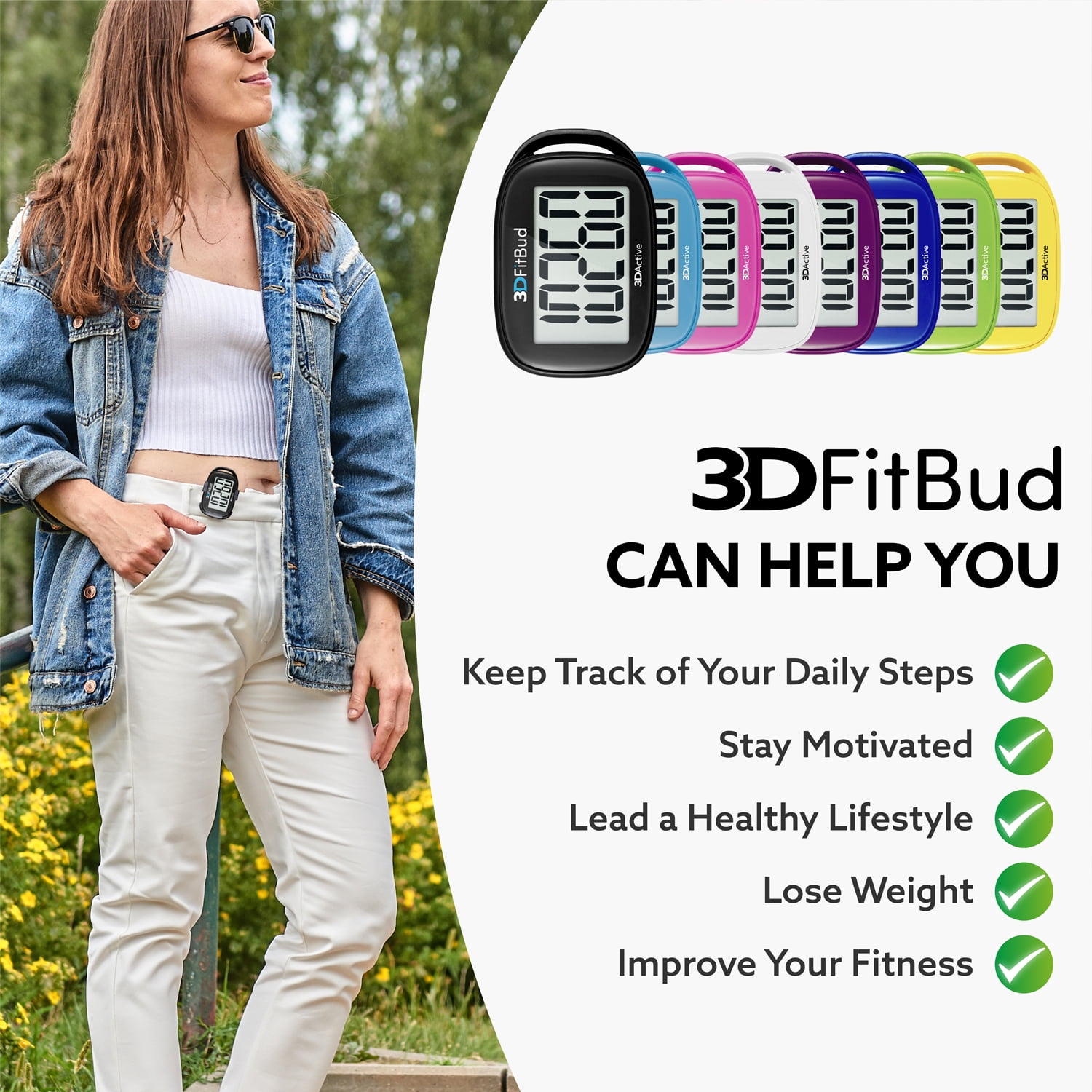 3DFitBud Simple Step Counter Walking 3D Pedometer with Clip and Lanyard, A420S (Black)