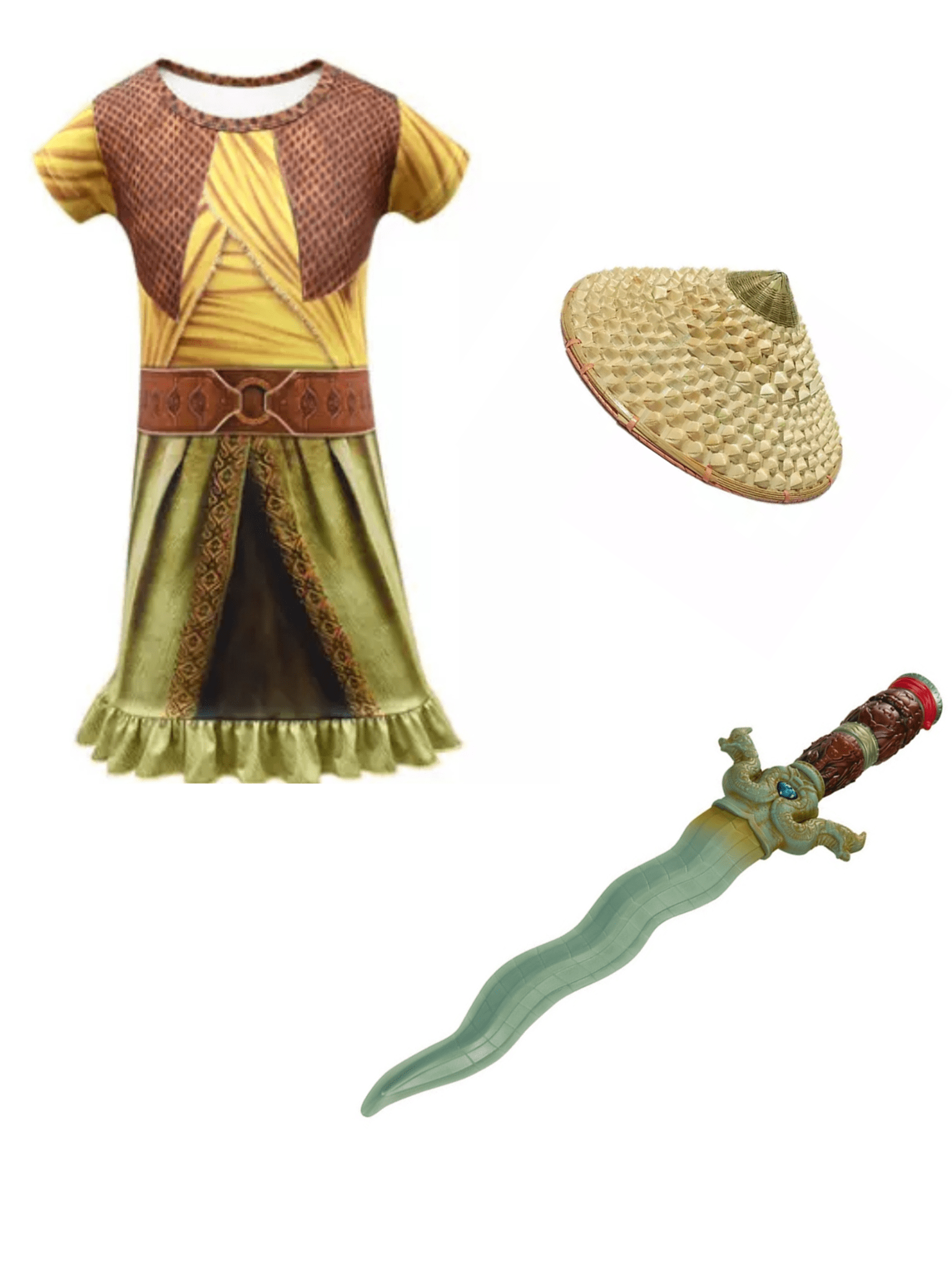 Raya and the last dragon costume dress, bamboo hat and action sword