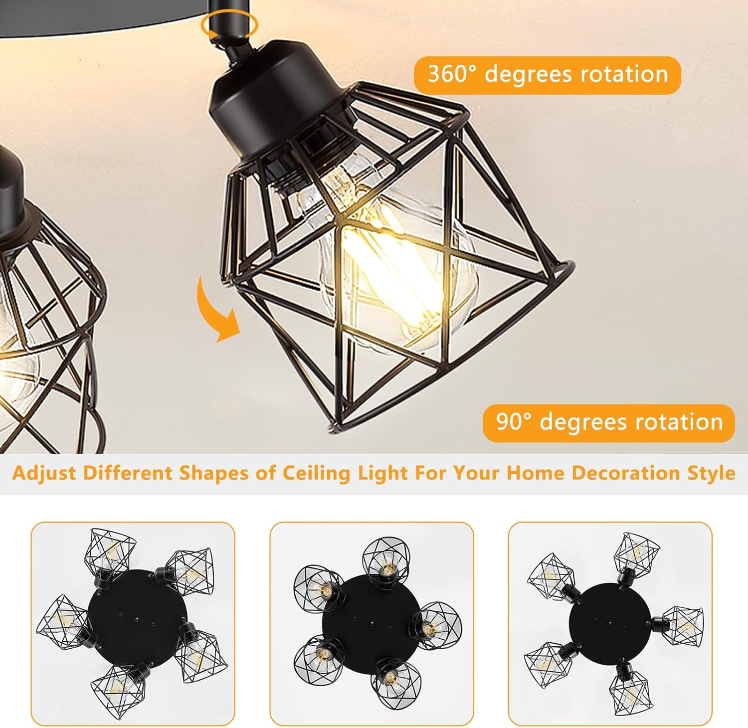 5-Light Adjustable Kitchen Light Fixtures Multi-Directional Black Ceiling Light Fixtures Semi Flush Mount Ceiling Light Vintage Metal Cage Spotlight Fixture for Hallway Dining Room Entryway