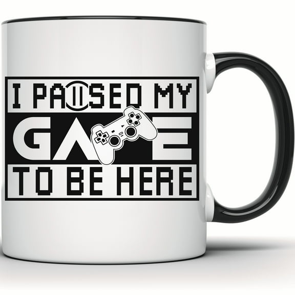 I Paused My Game To Be Here Mug - Funny Gamer Gift, Video Game Coffee Mug for Him & Her - 11 Ounce Black Rim Handle Novelty Coffee Cup - WMUG1296-BLK