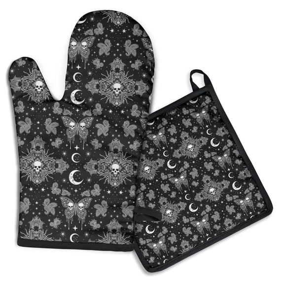 Black White Gothic Skull Butterfly Moon Pattern Kitchen Oven Mitt and Pot Holder Sets 2 Pcs for Baking, Cooking and Grilling, Heat Resistant Up To 392 °F