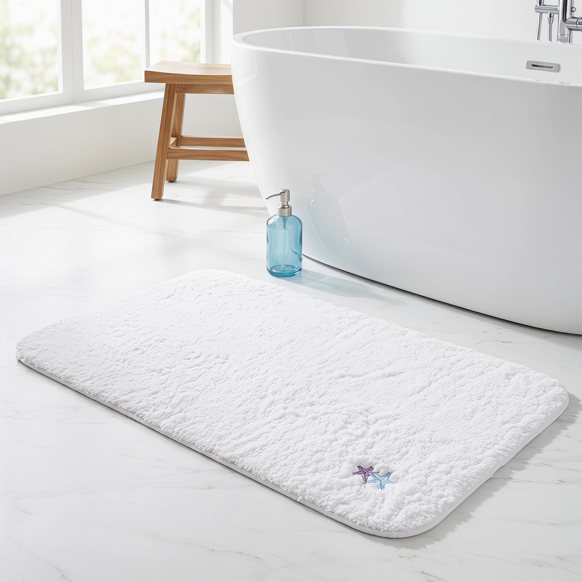 Unique Bargains High-End Plush Absorbent Microfiber Bath Mat White Starfish 32" x 20"