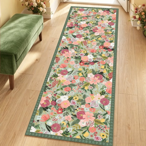 2'x6' Floral Runner Rug,Non Slip Washable Boho Hallway Runner Rug with Rubber Backing,Soft Faux Wool Kitchen Runner,Low-Pile Carpet for Bedroom, Entrance