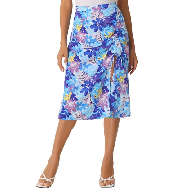 Faldas hawaianas para mujeres INSPIRE CHIC 2024, falda tropical con fruncido frontal y abertura, color azul, verano en la playa