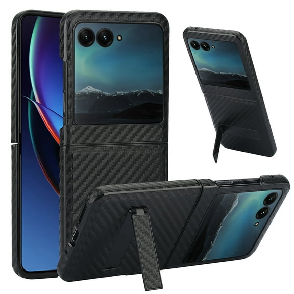 Allytechgroup Carbon Fiber Phone Case for Motorola Moto Razr 40 Ultra, Slim Fit Kickstand Bumper Shockproof Protective Lightweight Back Case Cover for Women Men, Black