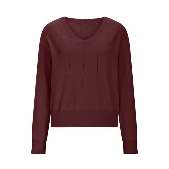 Womens Knitted Fall Sweater, Long Sleeve Pullover for Women Fashion Loose Fit Solid Color Pleated V Neck Sweaters