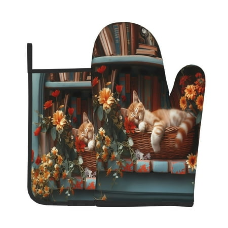 

Bingfone Cat Asleep Among Flowers Print Oven Mitts Pot Holders Set 2 PCS for Kitchen for Cooking Grilling Baking BBQ Pot Holders Cook Essentials
