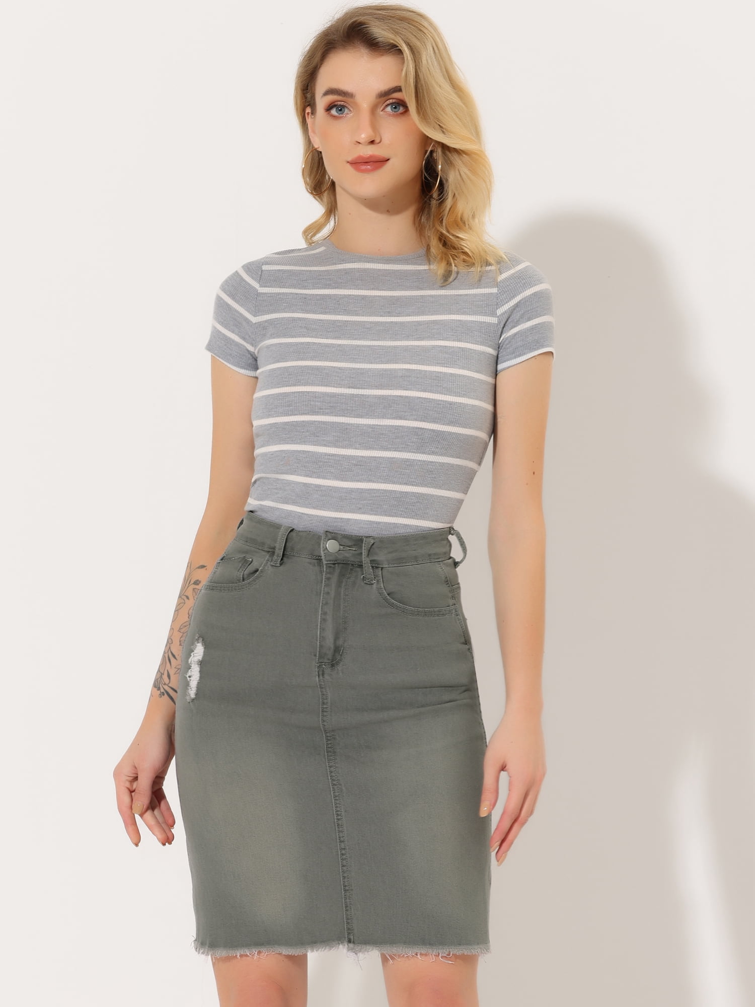 DARING DIVA Women's Ripped Hem Washed Jeans Denim Skirt XL Grey
