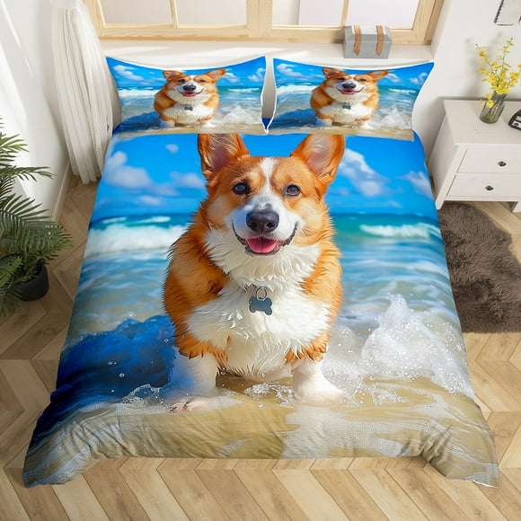 YST 3D Corgi Queen Size Kids Boys Girls Kawaii Dog Pet Comforter Cover,Ocean Sea Bed Set Tropical Beach Bedspread Cover Bedroom Decor,Lightweight 3-Piece For All Seasons