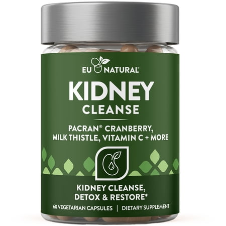 Eu Natural Kidney Cleanse Detox Supplement - Advanced Kidney Support Formula with Cranberry Pacran, Dandelion Root, Turmeric & Milk Thistle - 60 Capsules