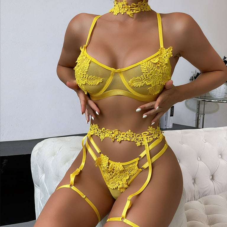 Hfyihgf Women's Garter Lingerie Set Sexy Floral Lace Chain Babydoll Teddy Strappy  Bra and Panty Sheer Matching 4 Piece Lingerie Sets(Yellow,S) 
