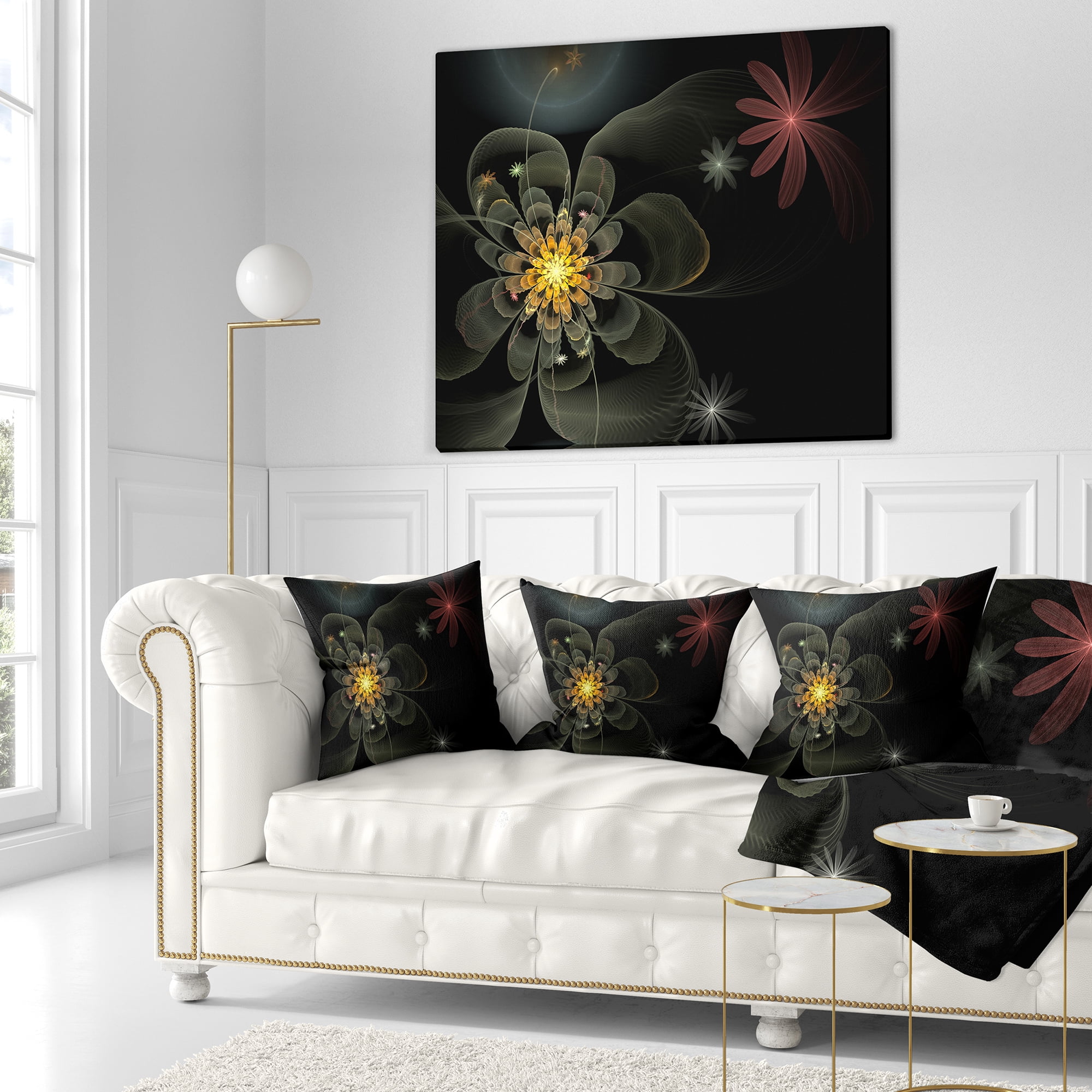 Designart Yellow Small Fractal Flower in Black - Floral Throw Pillow - 18x18