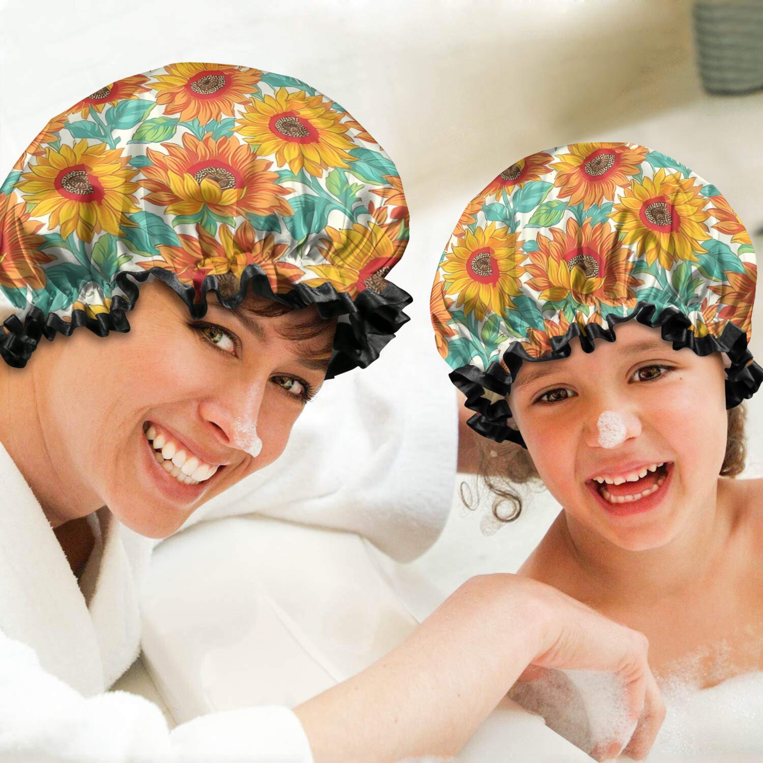 Shower Caps,White Orange Sunflower Pattern Waterproof Shower Cap for Women 4 Pieces,Double Reusable Hair Cover for Shower PEVA Elastic Stretch Hem