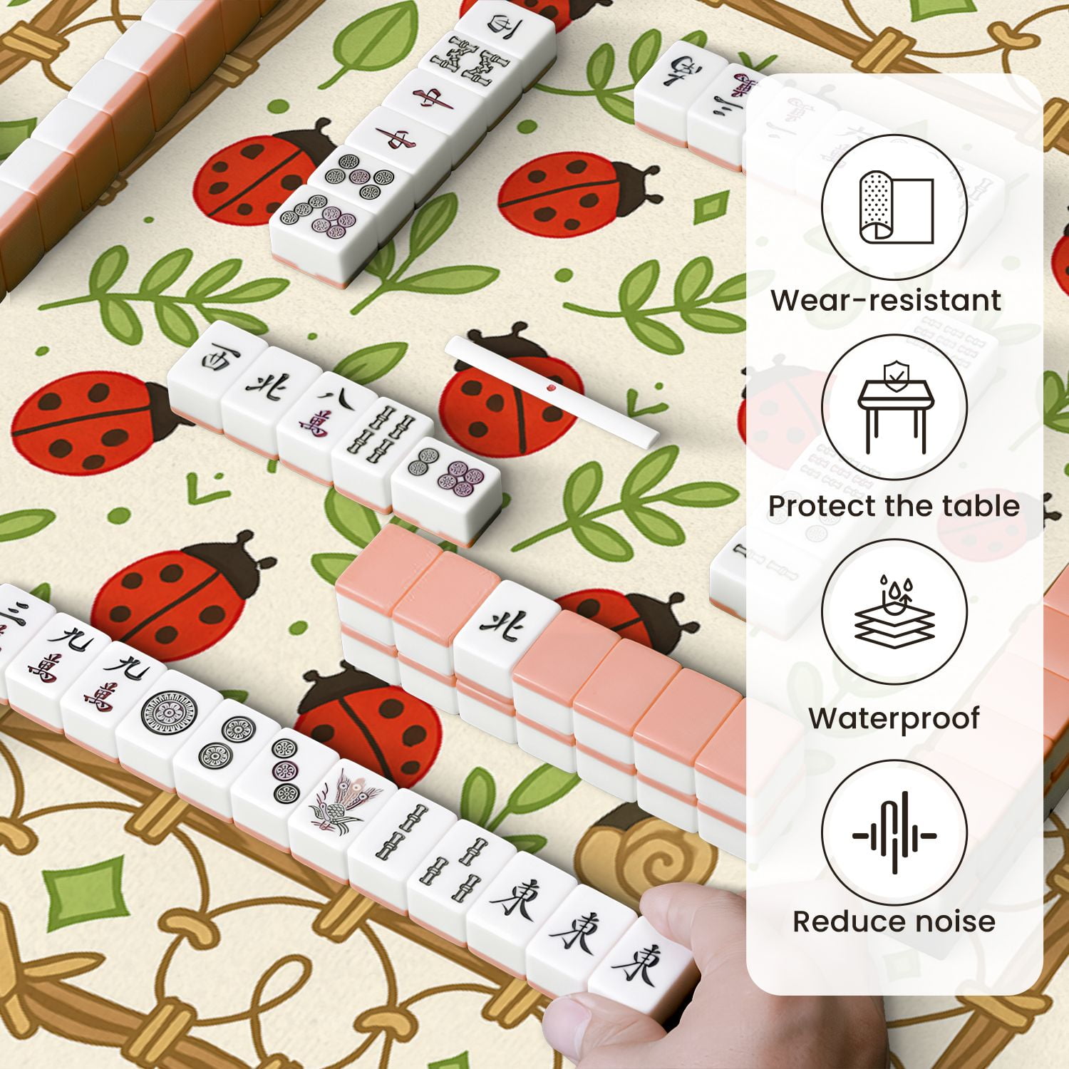 Mahjong Mat 31.5" x 31.5" Red Ladybugs Green Leaves Playful Nature Anti-Slip and Noise Reduction Symmetry Design Mahjong Tiles Table Cover for Dominoes Poker Card Board and Tile Games