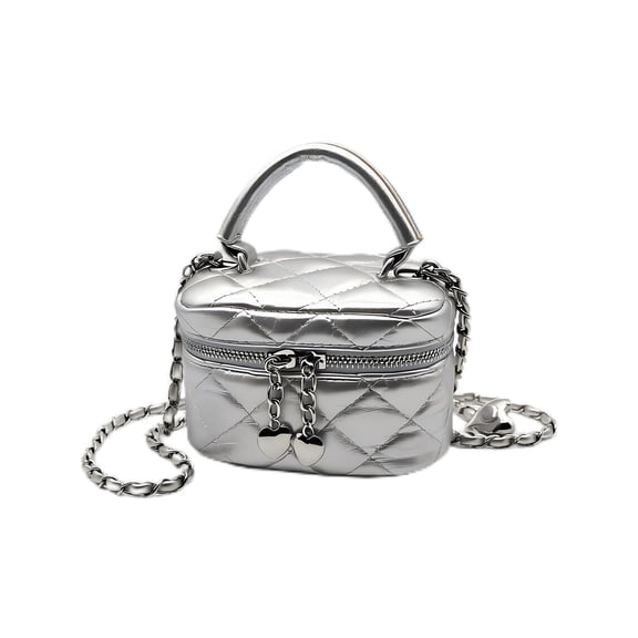 Wynndora Mini Box Crossbody Bag, Silver Quilted Metallic Purse with Chain Strap, Top Handle & Heart Charm, Women's Evening Clutch