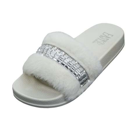 

Womens Slippers with Faux Fur Flat Slides With Rhinestones Stripe Size 6-11. Assorted Colors.