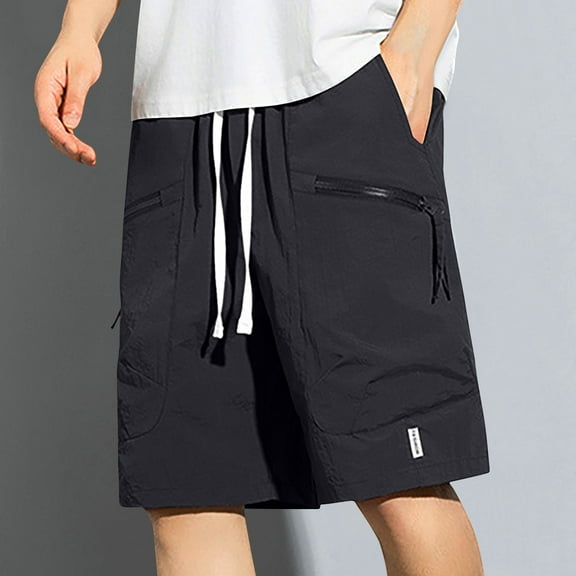Shorts for Men Solid Color Training Elastic Waist Zipper Pocket Bermuda Shorts Black M