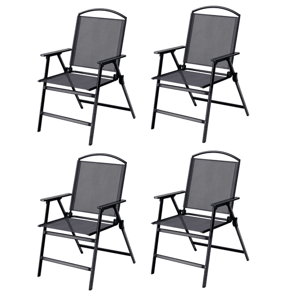 Outdoor Folding Patio Dining Chairs Set of 4 with Armrest Black Portable Sling Chairs for Patio Lawn Garden Balcony Living Room Furniture