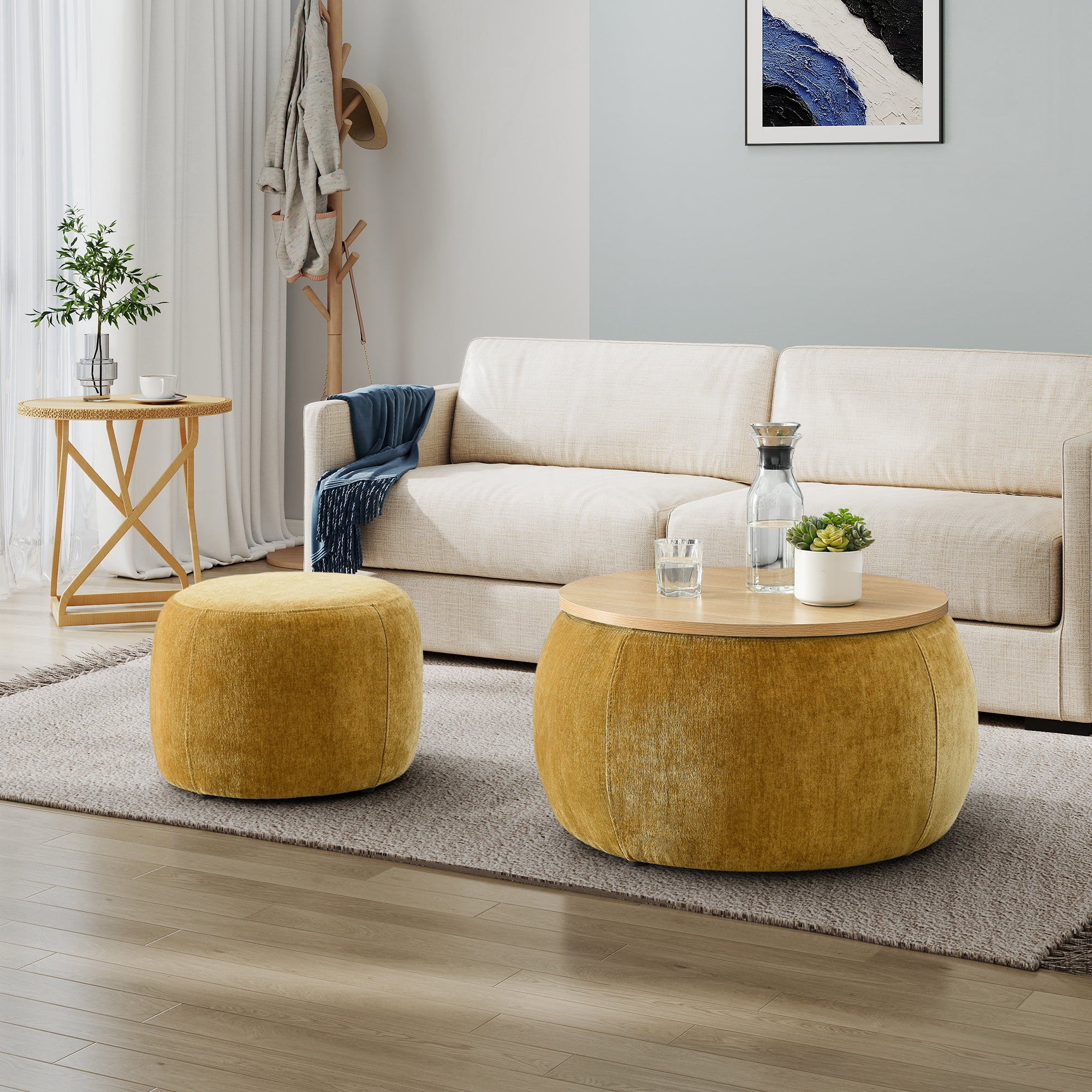 Aukfa 2pc Round Storage Ottoman, Chenille Upholstered Pouf Foot Rest Stools, Coffee End Table for Living Room, Bedroom, Dorm, Yellow