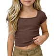 thumbnail image 2 of YaEYa Girls Crop Tops Ribbed Knit Short Sleeve Shirts Square Neck Basic Soft Slim Fitted Solid Casual Y2k Going Out Tees, 2 of 10