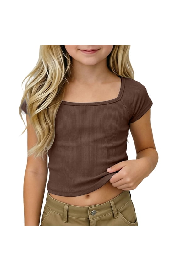 Tween Girls Ribbed Square Neck Crop Tee Raglan Sleeve Solid Casual Summer Top 5-14 Years