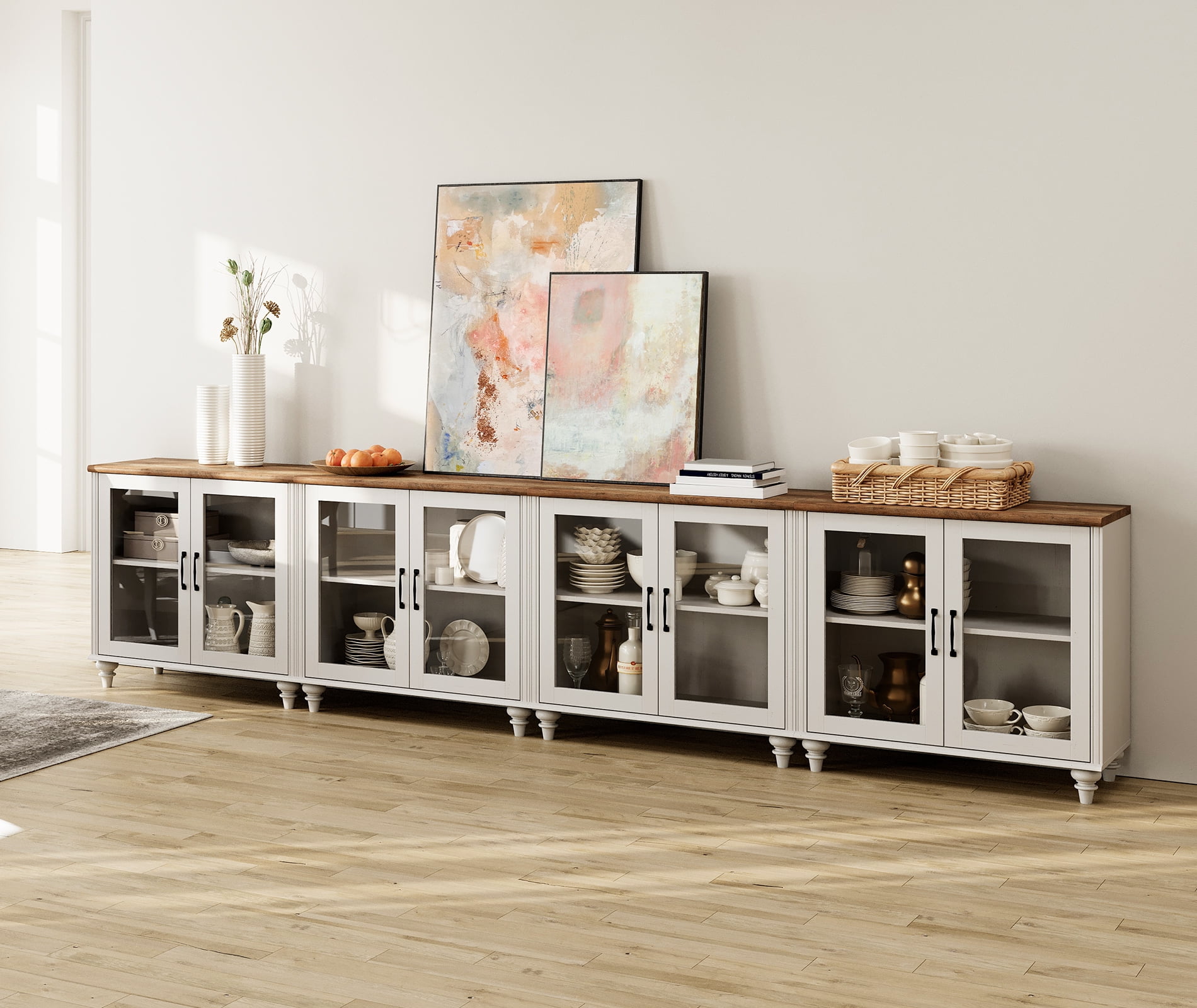 Buffet Cabinet with 8 Glass Doors, Kitchen Storage Cabinets with Adjustable Shelf, 135 inch, White