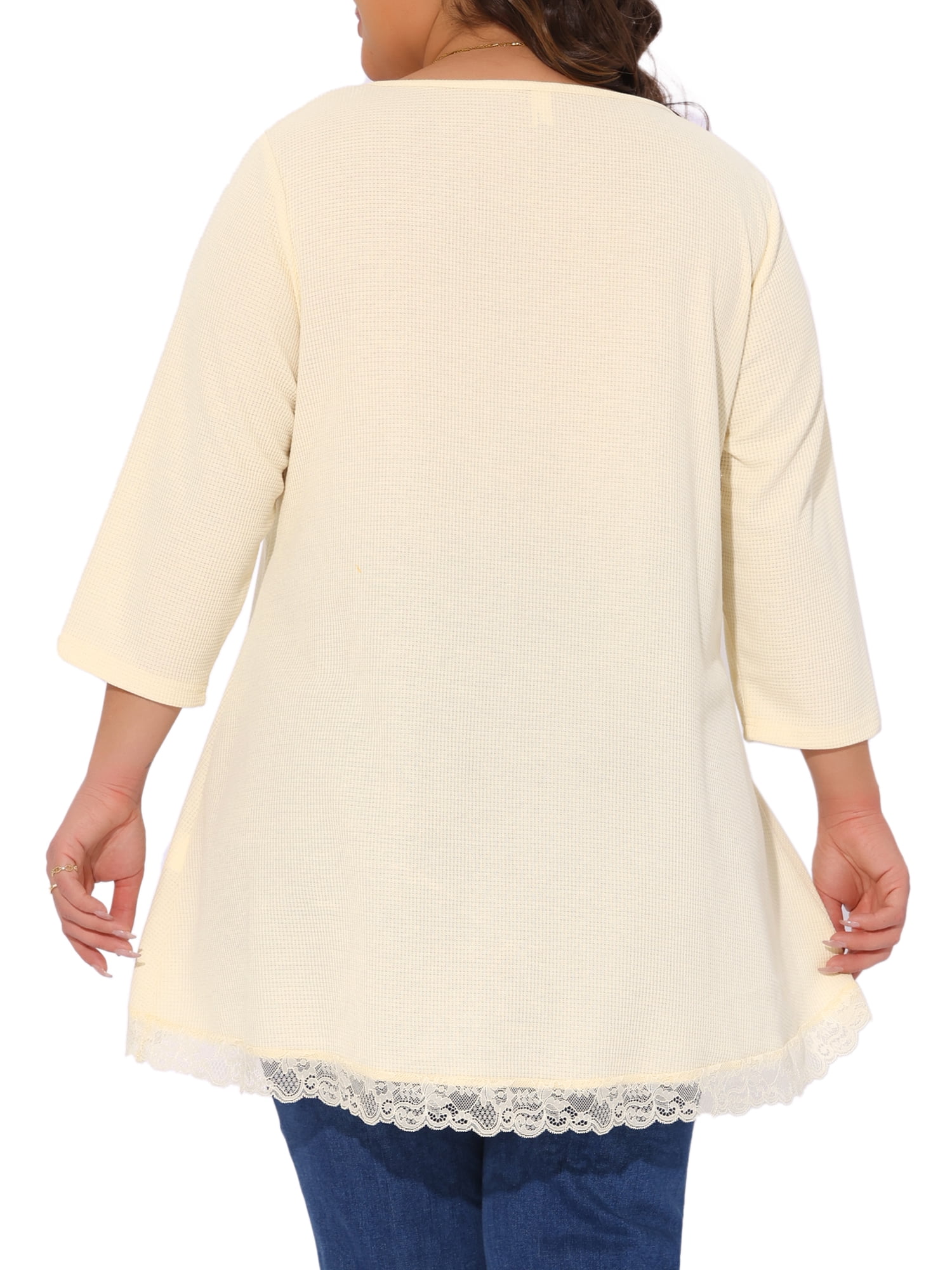 DARING DIVA Women's Plus 3/4 Sleeves Round Neck Lace Panel Top 4X Beige