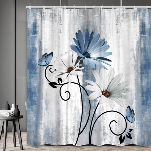 Farmhouse Floral Shower Curtain with Hooks, Blue Daisy and Butterfly Bathroom Curtain, Rustic Country Cottage Waterproof Fabric Bath Curtain for Bathroom Decor, 72 x 72 Inch