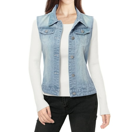 Women Buttoned Washed w Flap Pockets Denim Vest Coat Sky Blue M (US 10)