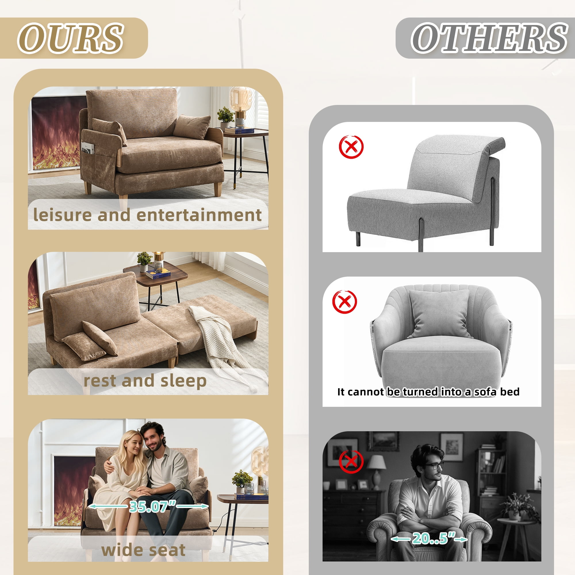 MOONMISS Chenille 3-in-1 Convertible Sleeper Foldable Sofa Bed Recliner Chair with 3 Pillows,Light Brown