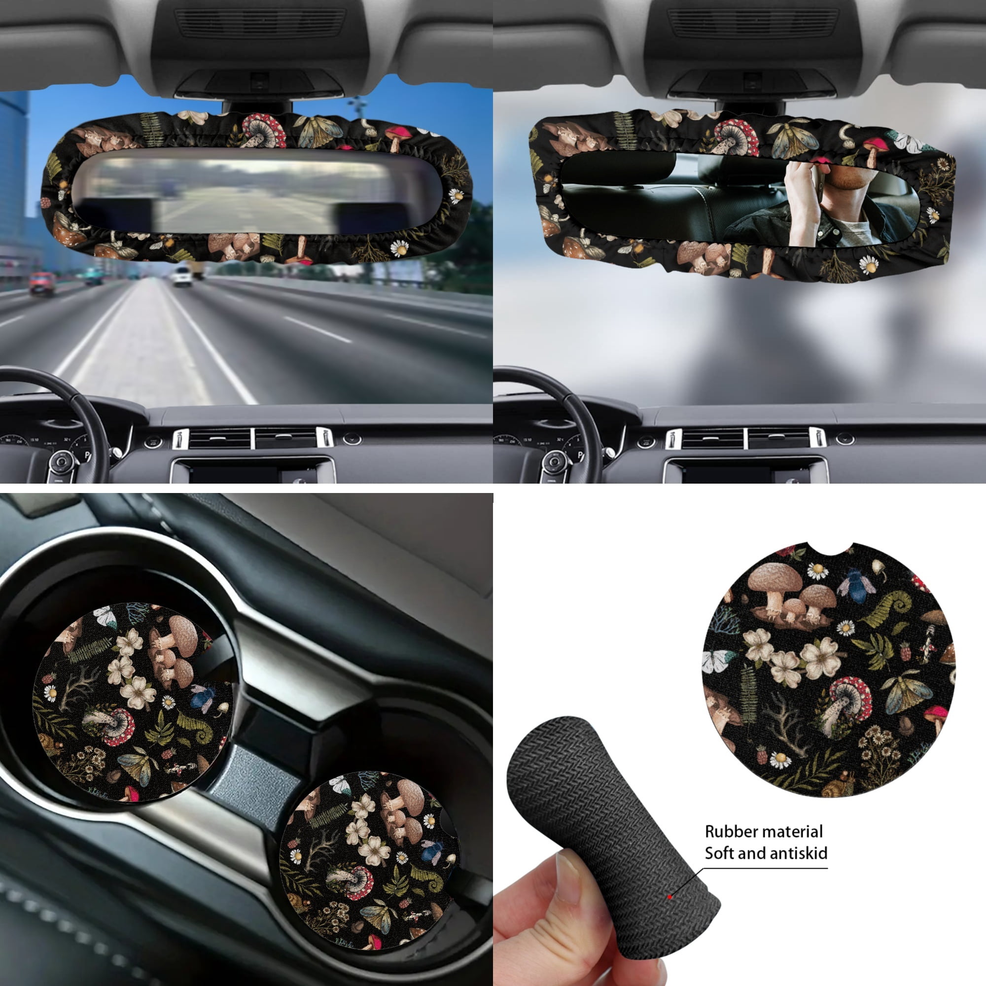 Jeiento Aesthetic Mushroom Car Seat Covers Full Sets of 14, Steering Wheel Cover Seat Belt Pad Car Garbage Can Coaster Car Armrest Cover Gear Shift Cover Rearview Mirror Cover Auto Accessory