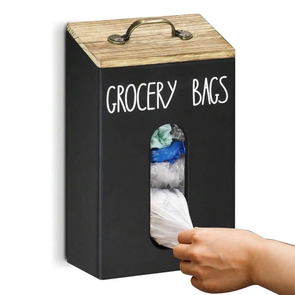Wooden Grocery & Garbage Bag Holder Dispenser, Wall Mounted Rustic Anti-Fingerprint Organizer with Wide Easy-Access Openings for Kitchen Farmhouse