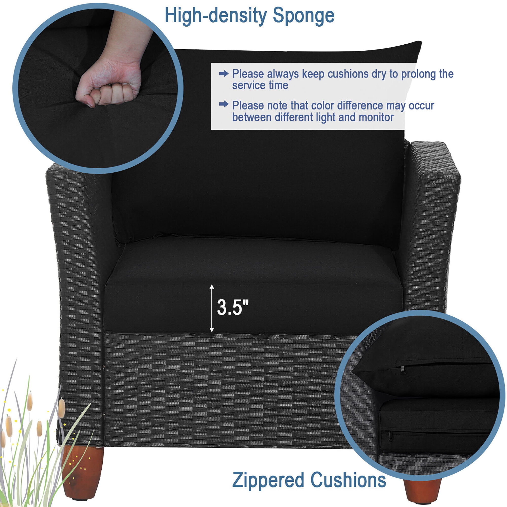 Gymax 3PCS Patio Rattan Conversation Set Outdoor Furniture Set w/ Black Cushions