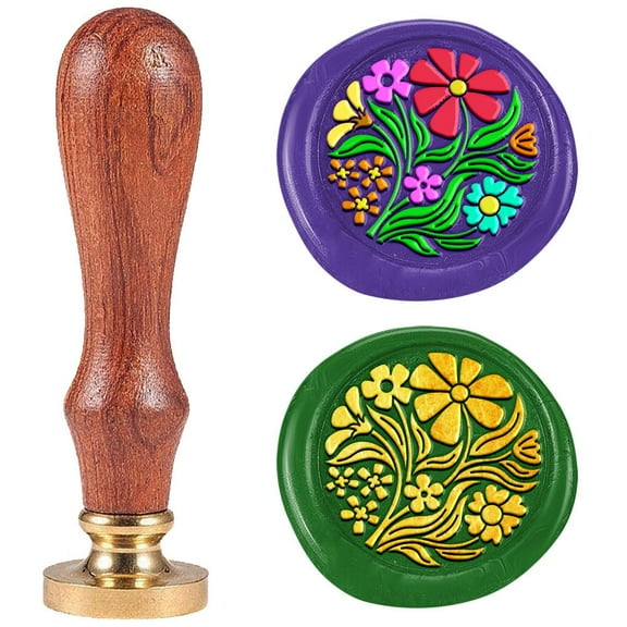 Covered with Flowers Wax Seal Stamp Embossed Stamp Sealing Removable 1" Novelty Brass Wax Seal Stamp Head with Wooden Handle Vintage Wax for Wedding Invitations Envelopes Gift Packing Craft Gold DIY