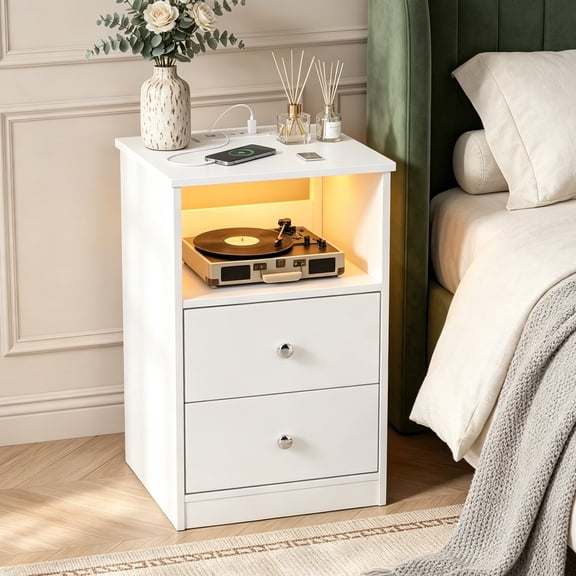 Someet Modern Nightstand with 2 Drawers, 2 USB Ports & Outlets, Nightstand for Bedroom, White