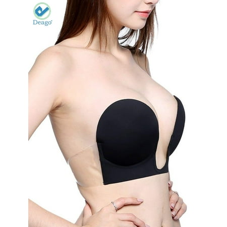 Deago Women's Strapless Sticky Bra Self Adhesive Invisible Bra Backless Push up Bra Reusable Silicone Deep U Plunge (Best Strapless Plunge Bra)