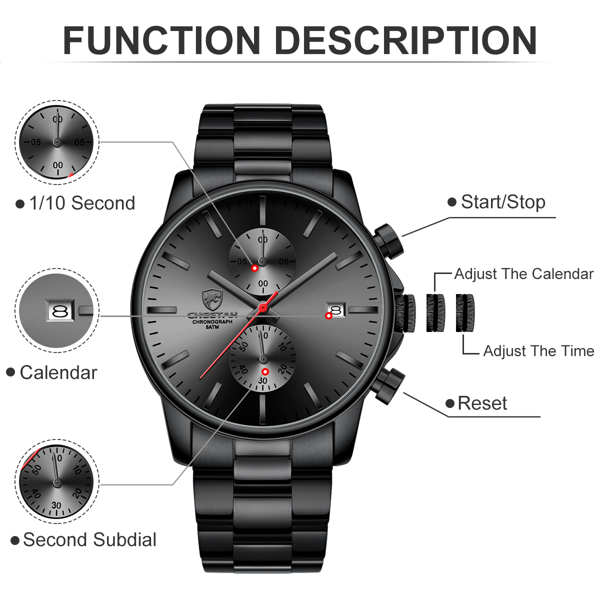 CHEETAH Fashion Business Mens Watches with Stainless Steel Waterproof Chronograph Quartz Watch for Men,Auto Date,Black&Red&Black